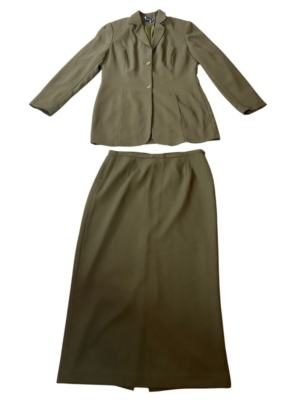 Karen Scott Olive Green Two-Piece Suit Blazer & Long Skirt Size 12